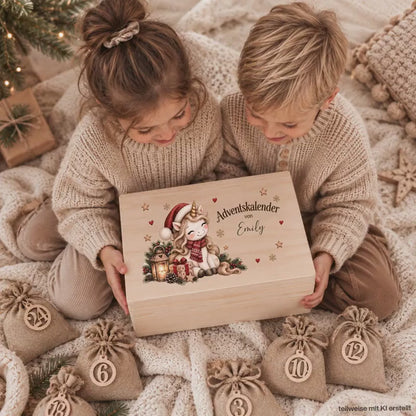 Adventskalender personalisiert mit Namen, Adventskalender zum Befüllen aus Holz, Adventskiste Kinder mit Beutel, Weihnachtskalender Einhorn
