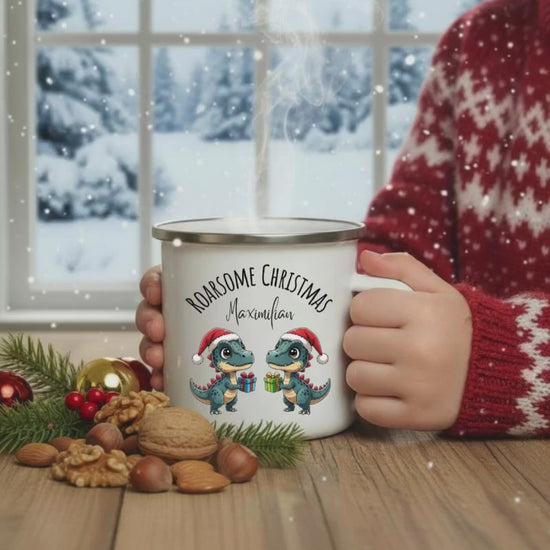 Personalisierte Emailletasse Kind Weihnachten | Dino-Tasse mit Namen für Kinder | Geschenk zu Weihnachten Kindertasse Emaille Junge Mädchen