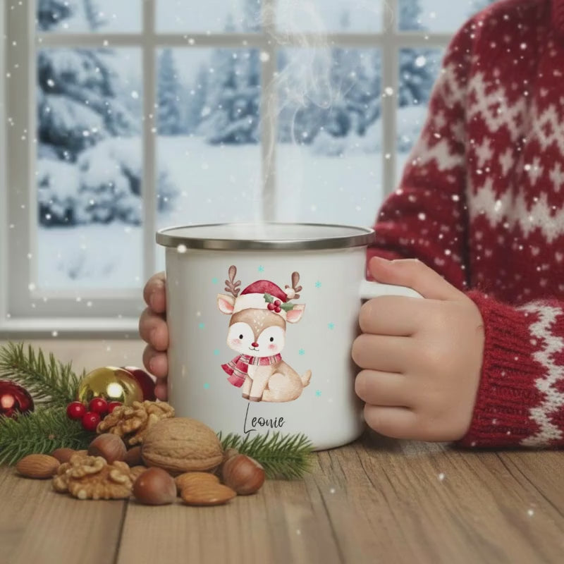 Kindertasse Weihnachten personalisiert | Emailletasse mit Reh-Motiv & Namen | Weihnachtsgeschenk Kindertasse Emaille Junge Mädchen Rehmotiv