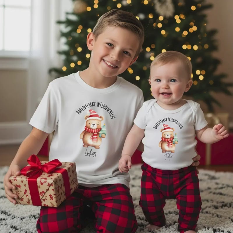 Weihnachtsoutfit Kinder personalisiert | Weihnachtspullover Junge Mädchen Baby Weihnachtsbody | T-Shirt Weihnachten Kind Geschwister Outfit