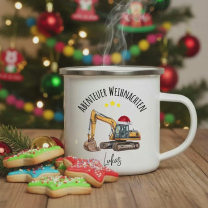 Kindertasse Weihnachten personalisiert | Emailletasse mit Bagger & Namen | Geschenkidee zu Weihnachten Kindertasse Emaille Junge Mädchen