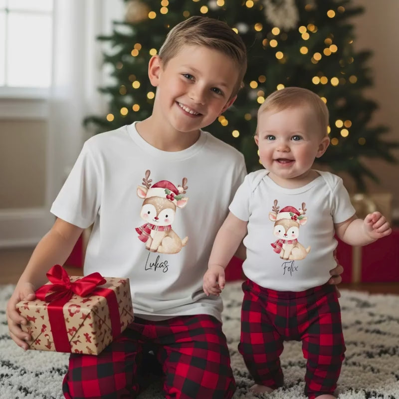 Weihnachtspullover Kinder, Rentier Pullover Weihnachten personalisiert mit Namen, Weihnachtsoutfit Baby T-Shirt Weihnachten Geschwister Look