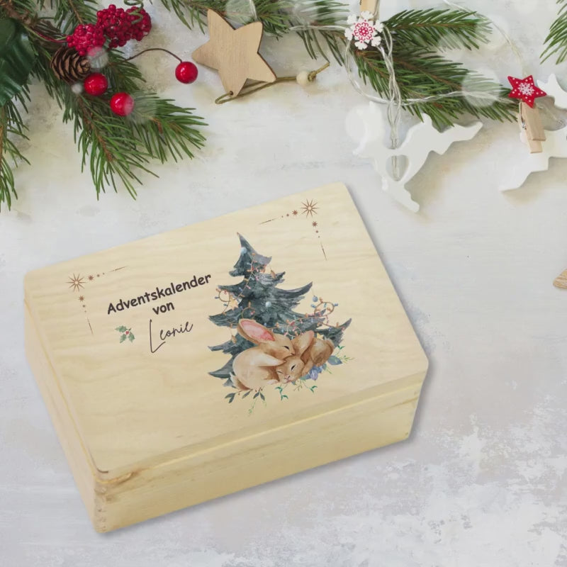 Adventskalender personalisiert Holz | Weihnachtsbox mit Namen | DIY Adventskiste ohne Inhalt | Geschenk Weihnachten Kinder Familie mit Hasen