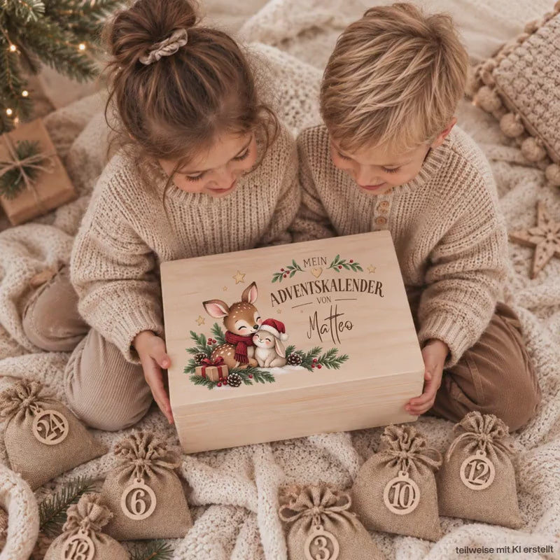 Adventskalender personalisiert mit Namen, Adventskalender zum Befüllen aus Holz, Adventskiste Kinder mit Beutel, Weihnachtskalender Reh Hase