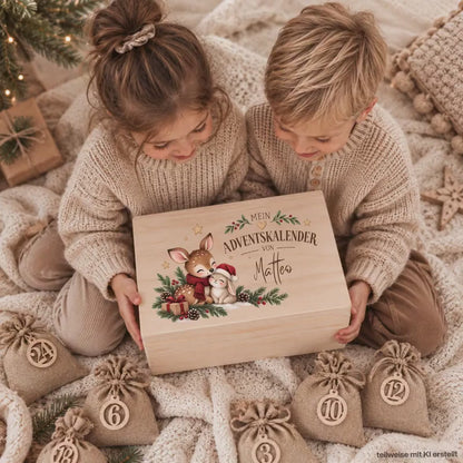 Adventskalender personalisiert mit Namen, Adventskalender zum Befüllen aus Holz, Adventskiste Kinder mit Beutel, Weihnachtskalender Reh Hase