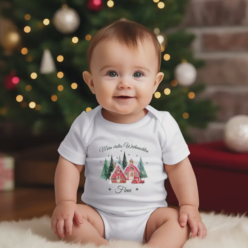 Mein erstes Weihnachten Babybody mit Weihnachtsdorf | Babybody personalisiert mit Name | Geschenk Winterbaby 2026 | Weihnachtsoutfit Baby
