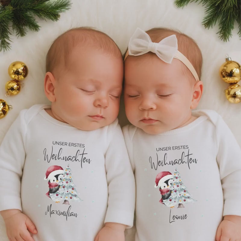 Babybody Weihnachten Zwillinge | Unser erstes Weihnachten Body Baby | Langarm Body personalisiert | Geschenk Weihnachten Zwillinge Body