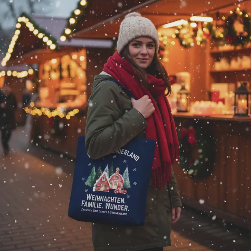 Stofftasche Weihnachten Winterwunderland | Weihnachtsgeschenktasche XMas | Jutebeutel Weihnachten Familie | Baumwolltasche Weihnachtsmotiv