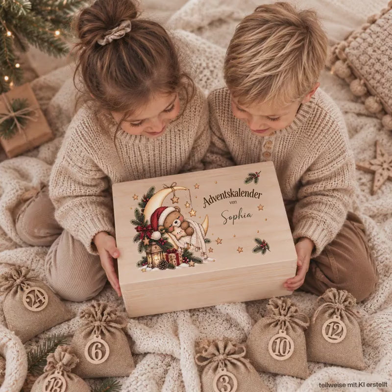 Adventskalender personalisiert mit Namen, Adventskalender zum Befüllen aus Holz, Adventskiste Kinder mit Beutel, Weihnachtskalender Teddybär
