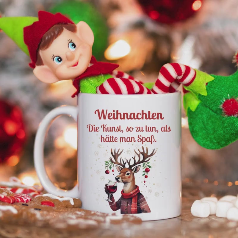 Lustige Anti-Weihnachtstasse mit Spruch | Geschenk Weihnachten Kollegin Freund Familie | Weihnachtsbecher mit Rentier | Wichtelgeschenk