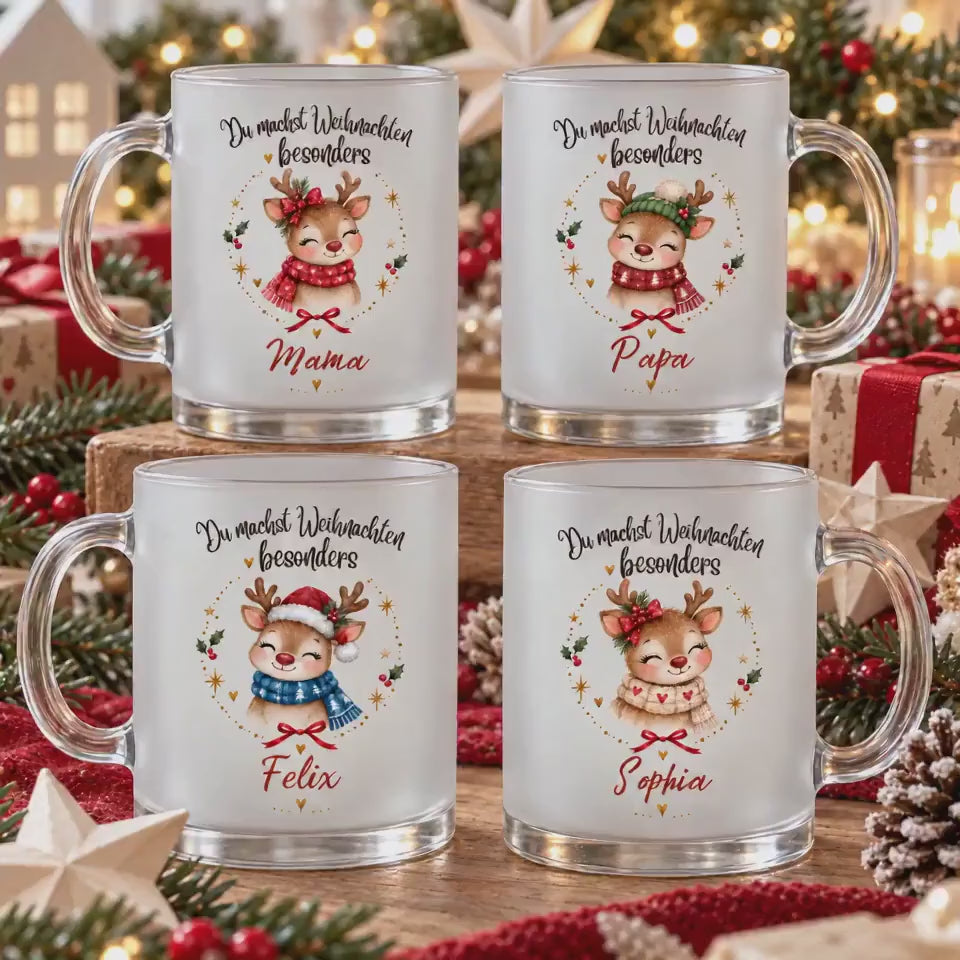 Weihnachtstasse mit Namen Rentier, Personalisierte Tasse als Weihnachtsgeschenk für Familie, Freunde & Kinder, Glastasse Wunschname Geschenk