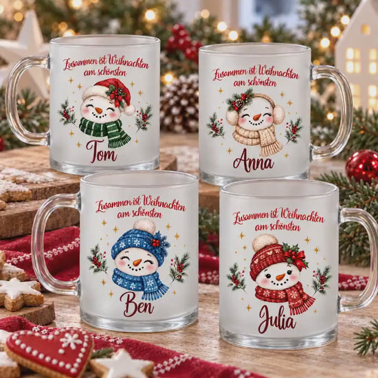 Weihnachtstasse mit Namen Schneemann - Personalisierte Tasse Weihnachtsgeschenk für Familie, Freunde & Kollegen, Glastasse Wunschname