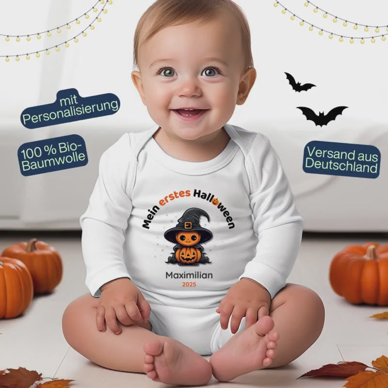 Babybody Mein erstes Halloween | Halloween Outfit Baby Langarm | Personalisierter Body mit Name | Geschenk Baby Mädchen Junge Halloween