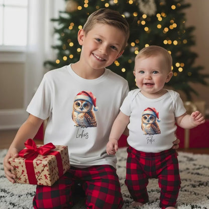 Weihnachtspullover Kinder personalisiert |  Geschwister Outfit mit Eule | Babybody Weihnachten T-Shirt Junge Mädchen | Geschenk mit Namen