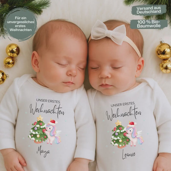 Unser erstes Weihnachten Zwillinge | Weihnachtsbody Baby | Langarm Body Zwillinge personalisiert | Geschenkidee Weihnachten Babys Einhorn