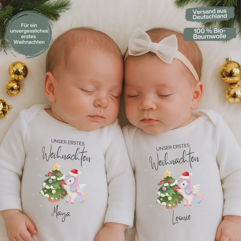 Unser erstes Weihnachten Zwillinge | Weihnachtsbody Baby | Langarm Body Zwillinge personalisiert | Geschenkidee Weihnachten Babys Einhorn