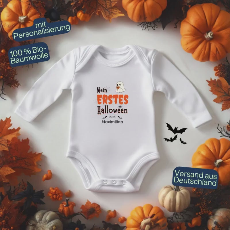 Mein erstes Halloween Body Langarm Baby | Halloween Geschenkidee | Babybody personalisiert mit Namen | Halloween Outfit Junge Mädchen