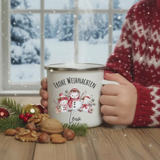 Kindertasse Weihnachten personalisiert | Emailletasse mit Schneemann & Namen | Geschenkidee zu Weihnachten Kindertasse Emaille Junge Mädchen
