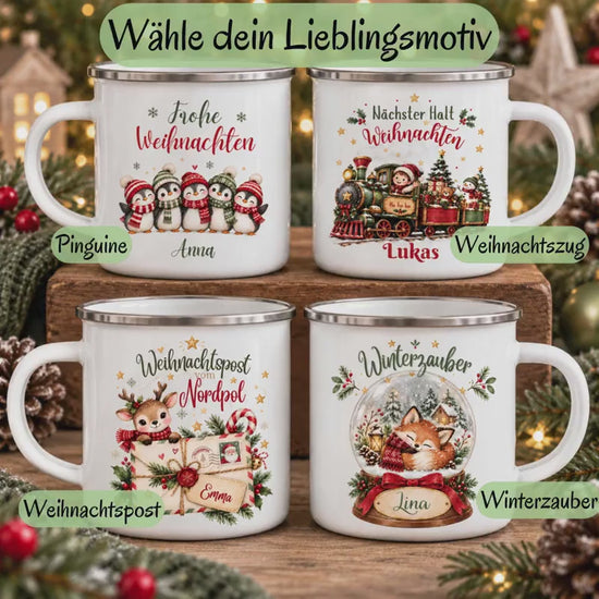 Weihnachtstasse Kinder mit Namen | Emaille Tasse personalisiert | Weihnachtszug, Pinguine, Rentier & Fuchs | Nikolausgeschenk für Kinder