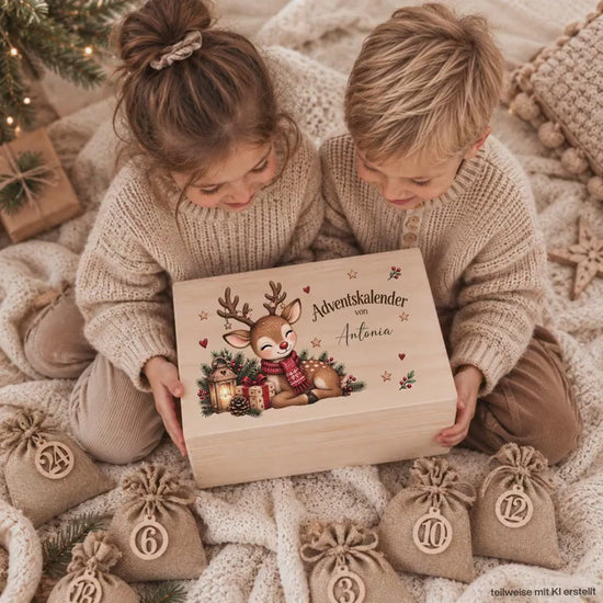 Adventskalender personalisiert mit Namen, Adventskalender zum Befüllen aus Holz, Adventskiste Kinder mit Beutel, Weihnachtskalender Rentier