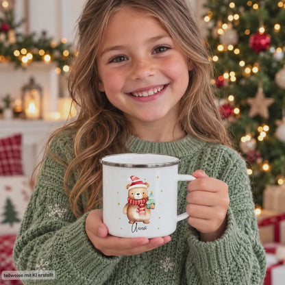 Weihnachtstasse Kinder mit Namen | Emaille-Tasse personalisiert Bär | Kindertasse mit Namen | Weihnachtsgeschenk & Nikolausgeschenk Kinder
