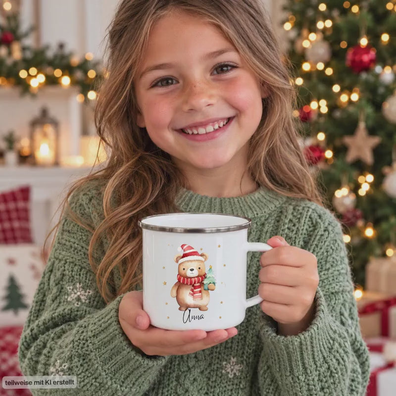 Weihnachtstasse Kinder mit Namen | Emaille-Tasse personalisiert Bär | Kindertasse mit Namen | Weihnachtsgeschenk & Nikolausgeschenk Kinder
