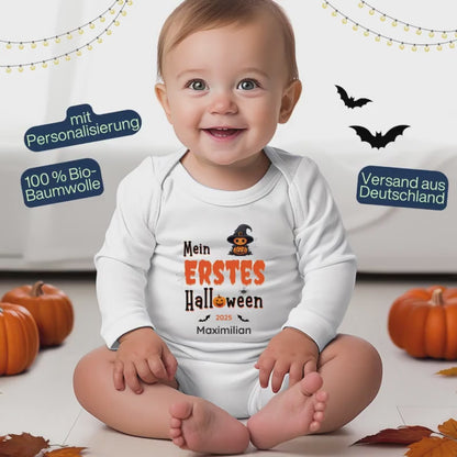 Halloween Babybody Personalisiert | Mein erstes Halloween Outfit | Geschenkidee Baby | Langarm Body Junge Mädchen | Kürbis Babybody Bio