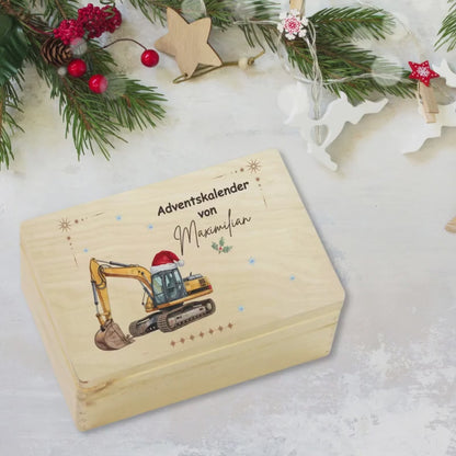Adventskiste mit Namen personalisiert | DIY Adventskalender aus Holz | Weihnachtsgeschenk Idee | Holzbox Weihnachten ohne Inhalt mit Bagger