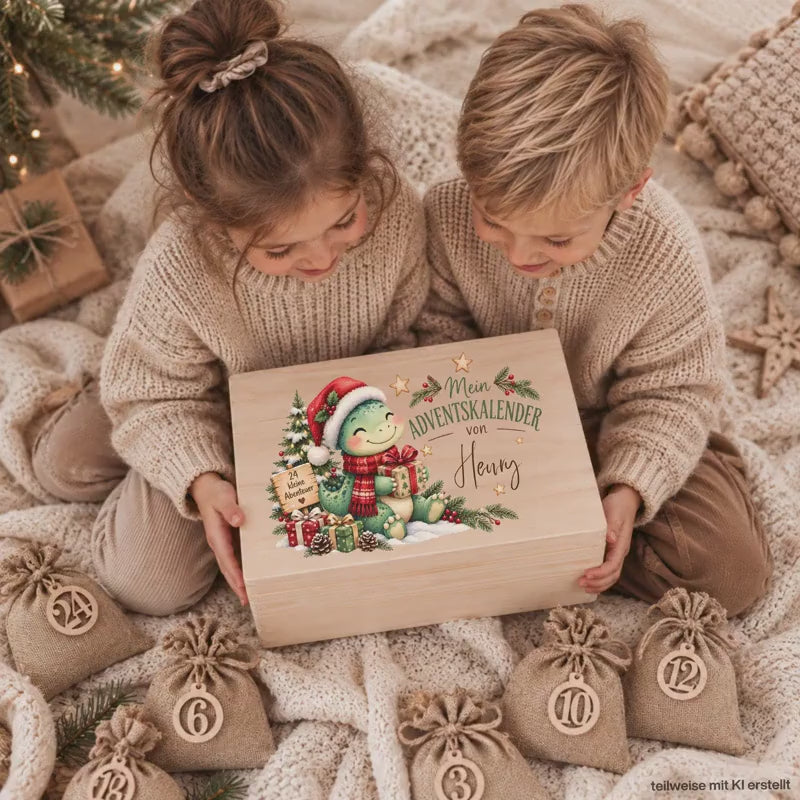 Adventskalender personalisiert mit Namen, Adventskalender zum Befüllen aus Holz, Adventskiste Kinder mit Beutel, Weihnachtskalender mit Dino