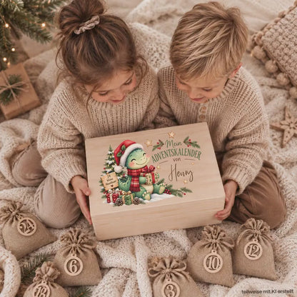 Adventskalender personalisiert mit Namen, Adventskalender zum Befüllen aus Holz, Adventskiste Kinder mit Beutel, Weihnachtskalender mit Dino
