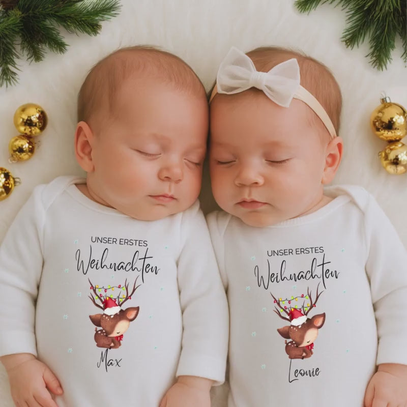 Unser erstes Weihnachten Zwillinge Babybody | Langarm Weihnachtsbody | Outfit Weihnachten Babys | Geschenk Zwillinge personalisiert Body