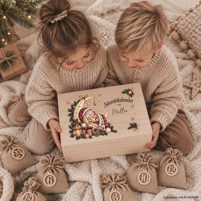 Adventskalender personalisiert mit Namen, Adventskalender zum Befüllen aus Holz, Adventskiste Kinder mit Beutel, Weihnachtskalender mit Hase