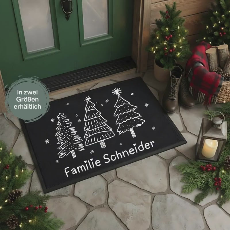 Personalisierte Weihnachtsfußmatte mit Namen | Türmatte Weihnachten Tannenbäume | Fußmatte Weihnachten personalisiert | Geschenkidee Familie