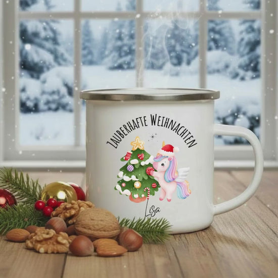 Kindertasse Weihnachten personalisiert | Emailletasse mit Einhorn & Namen | Geschenkidee zu Weihnachten Kindertasse Emaille Junge Mädchen