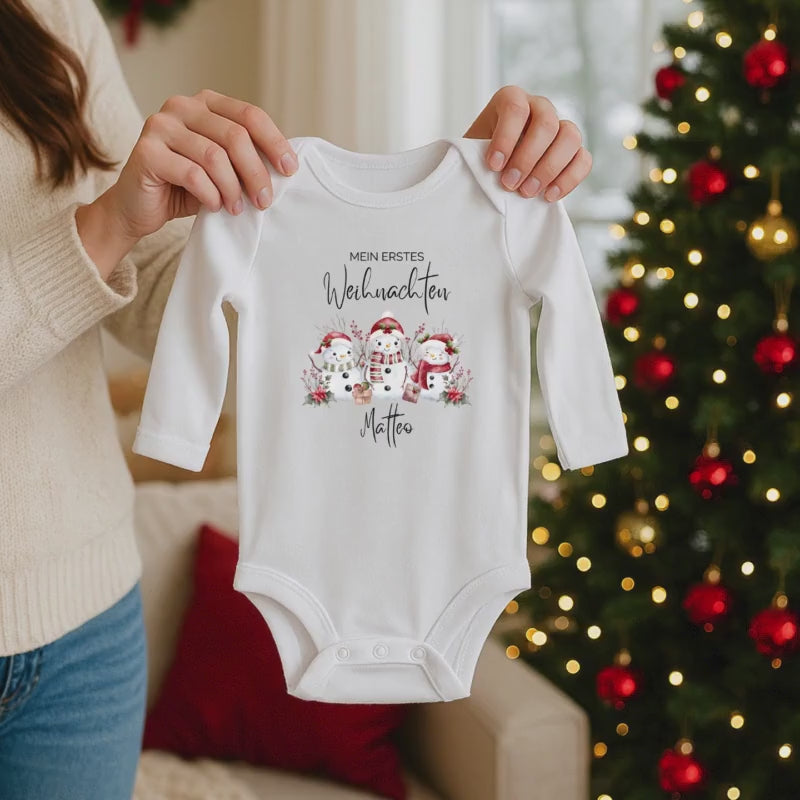 Babybody Mein erstes Weihnachten mit Schneemann | Personalisiert mit Name | Weihnachtsoutfit Baby 2026 | Geschenk Winterbaby Junge Mädchen
