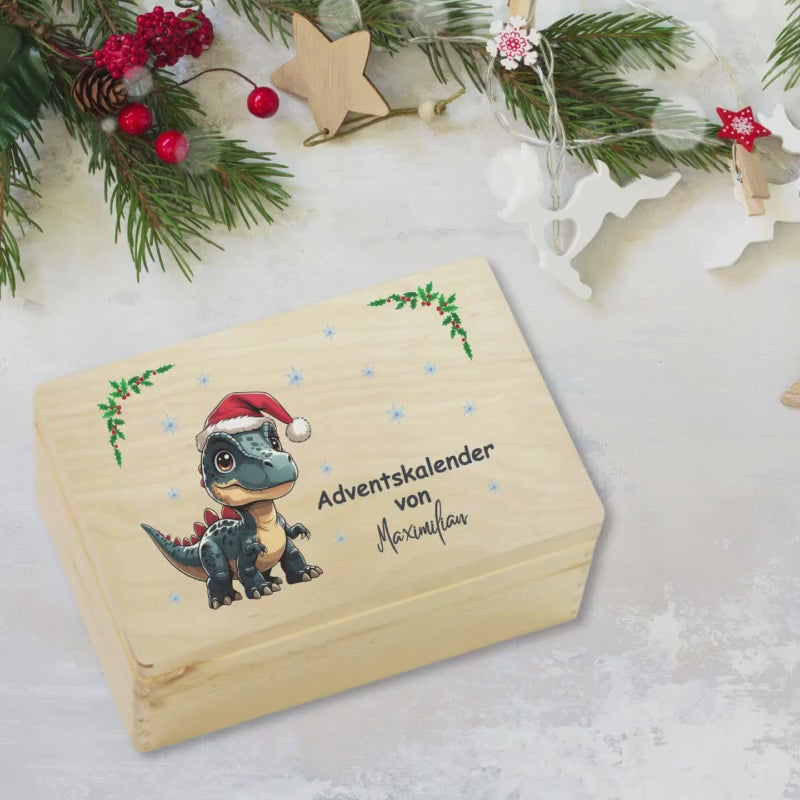 Adventskiste Weihnachten personalisiert | Holzbox mit Namen | DIY Adventskalender ohne Inhalt | Geschenkidee Weihnachten Familie mit Dino