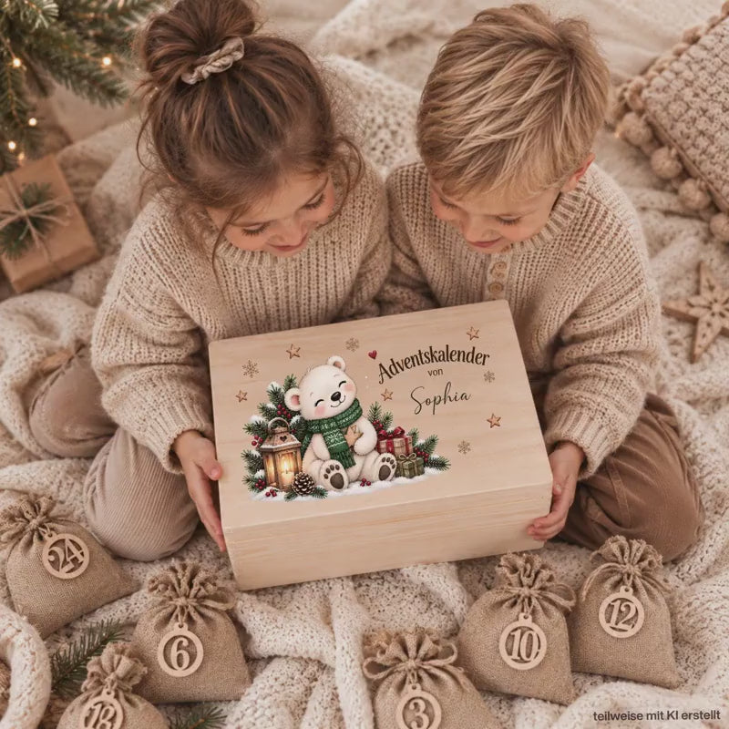 Adventskalender personalisiert mit Namen, Adventskalender zum Befüllen aus Holz, Adventskiste Kinder mit Beutel, Weihnachtskalender Eisbär