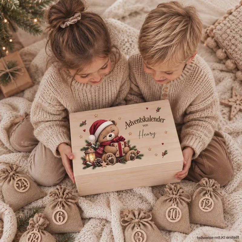 Adventskalender personalisiert mit Namen, Adventskalender zum Befüllen aus Holz, Adventskiste Kinder mit Beutel, Weihnachtskalender Teddybär